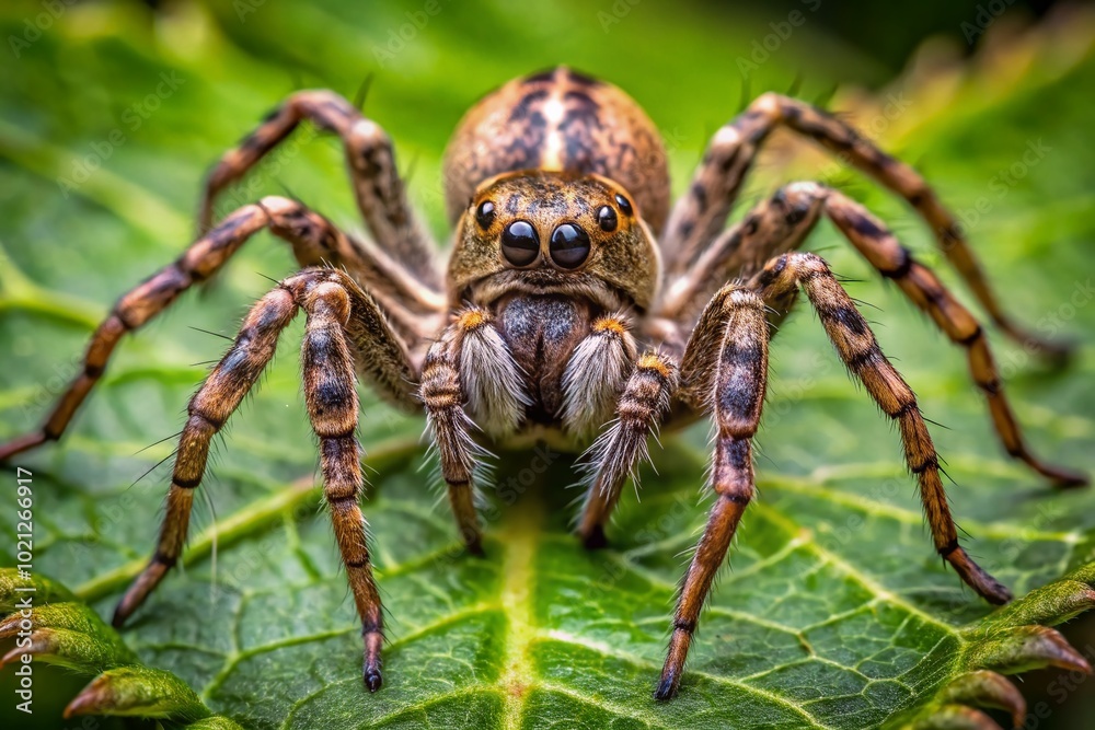 Captivating Close-Up of a Wolf Spider on a Leaf in Natural Habitat with Detailed Textures and Colors Captivating Close-Up of a Wolf Spider on a Leaf in Natural Habitat with Detailed Textures and Colors