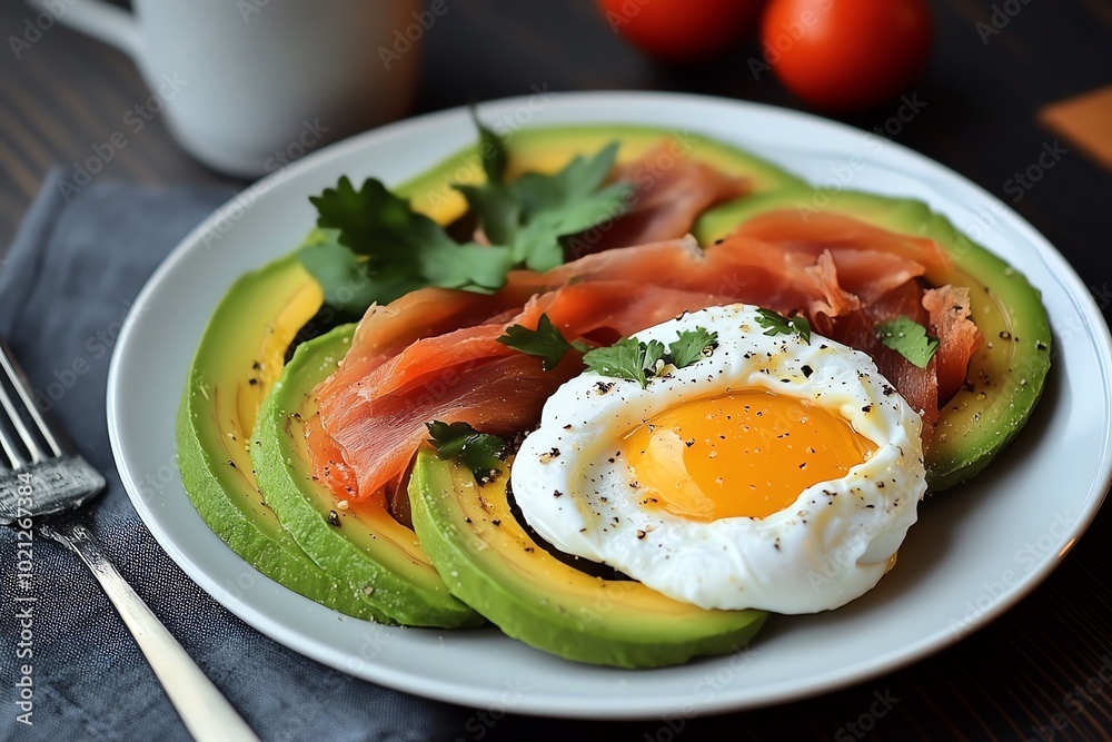 A plate of avocado slices topped with smoked salmon and a poached egg, highlighting a nutritious and delicious low-carb meal