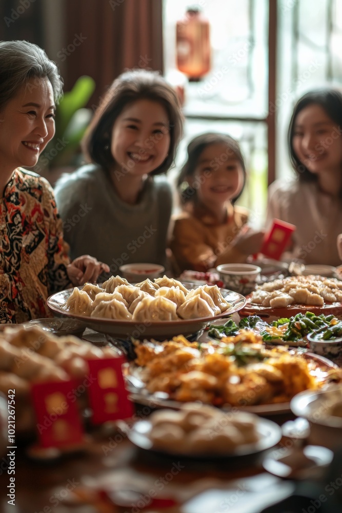 Family gathering around a traditional Chinese feast during a festive celebration Family gathering around a traditional Chinese feast during a festive celebration