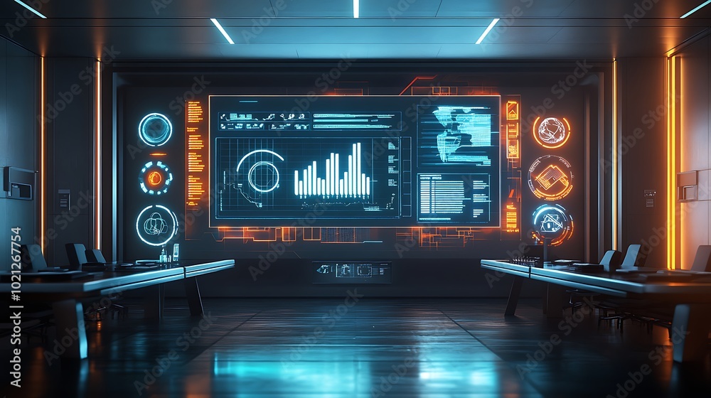 A futuristic control room featuring a large digital display, neon lights, and sleek tables, creating a high-tech ambiance. A futuristic control room featuring a large digital display, neon lights, and sleek tables, creating a high-tech ambiance.