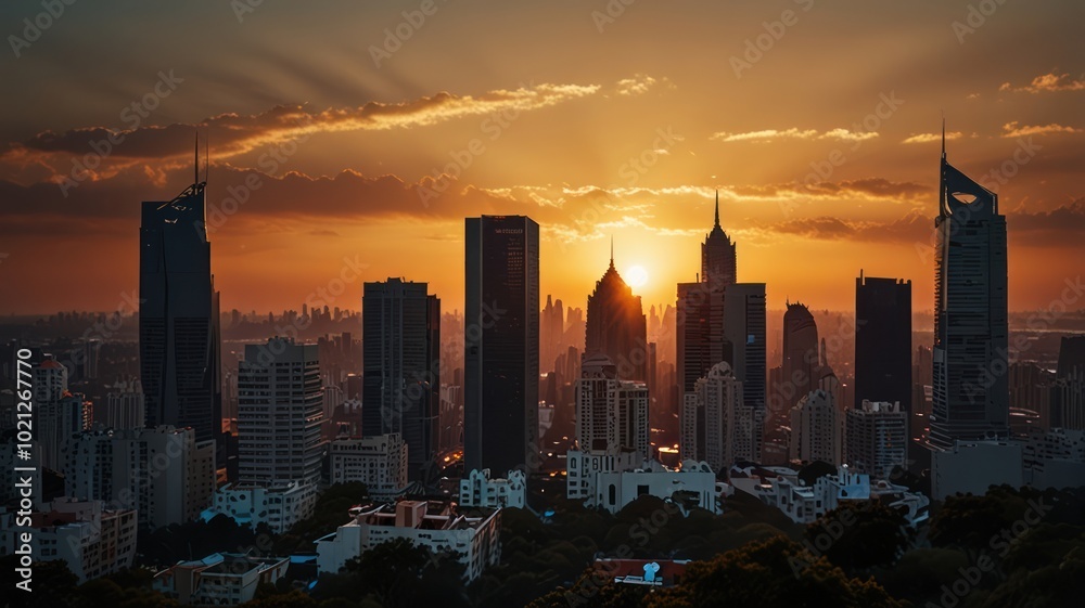 Fototapeta premium A breathtaking sunset over a modern city skyline with skyscrapers silhouetted against a fiery sky.