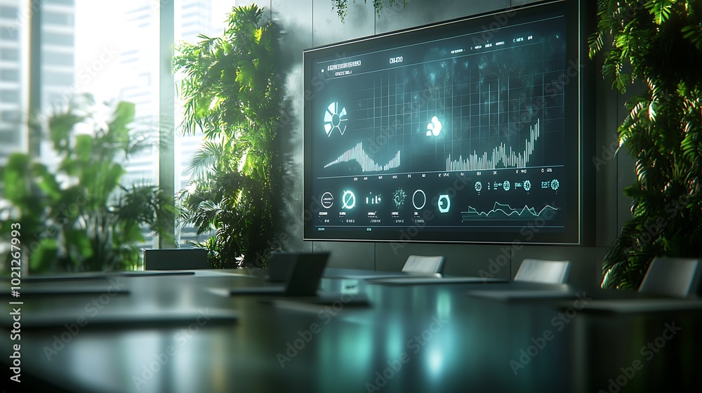 A modern conference room with a large screen displaying data analytics, surrounded by greenery, providing a vibrant, professional atmosphere.