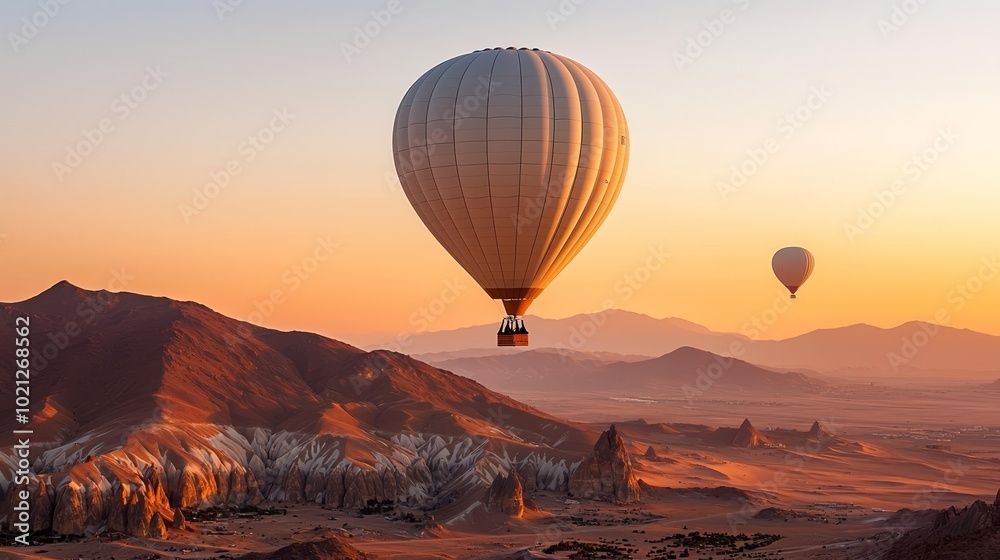 Fototapeta premium Serenity above Al Ula, balloons drift across the sky as the sun sets over desert mountains, a touristic marvel