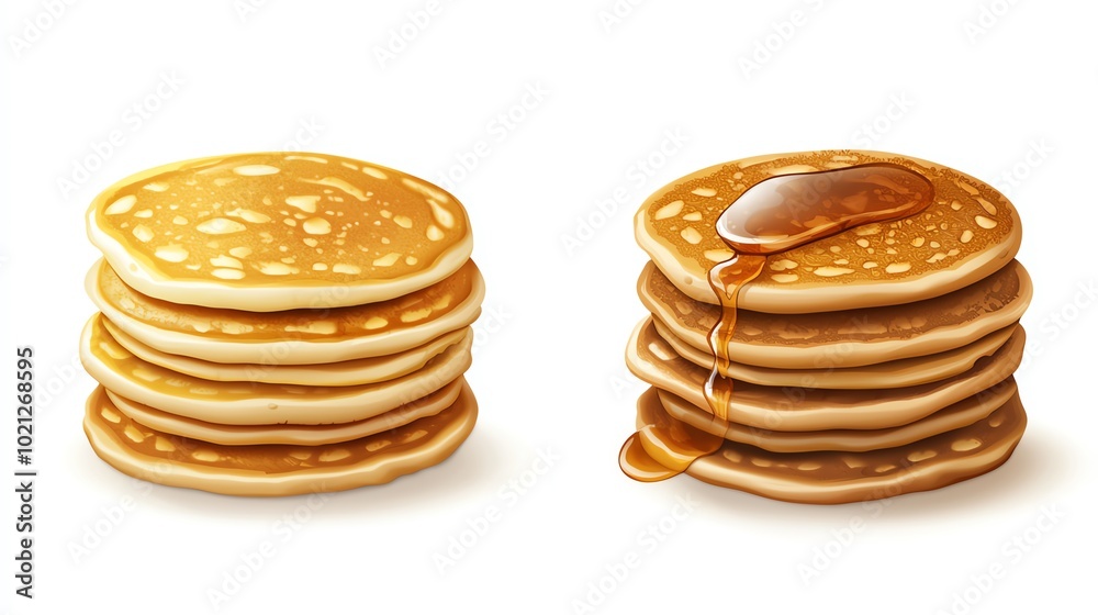 Stacked pancakes with syrup on a white isolated background. Stacked pancakes with syrup on a white isolated background.