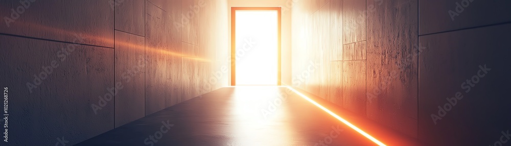 A bright door at the end of a dim hallway symbolizes hope and new beginnings. A bright door at the end of a dim hallway symbolizes hope and new beginnings.