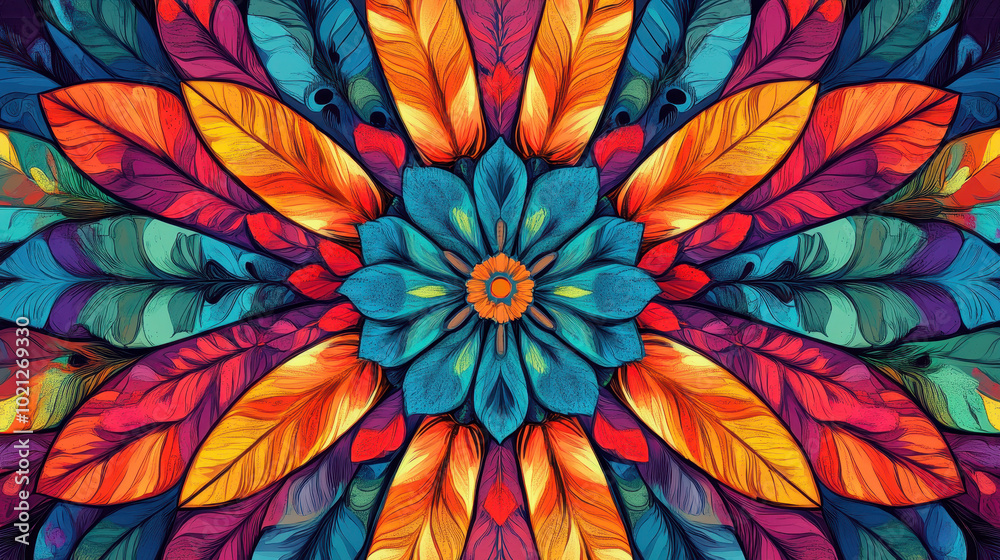A stunning mandala design featuring vibrant feathers and flowers in rich colors. This artwork captures the essence of beauty and harmony in an abstract form A stunning mandala design featuring vibrant feathers and flowers in rich colors. This artwork captures the essence of beauty and harmony in an abstract form