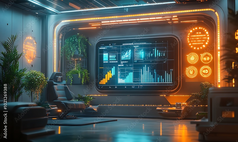 Obraz premium A futuristic room featuring high-tech screens, glowing accents, and lush plants, creating a vibrant tech-savvy environment.