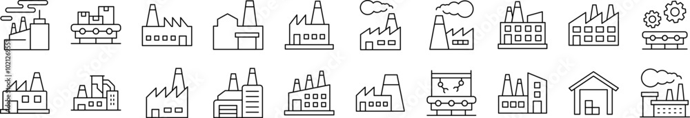Collection of Signs of Factory, Manufacture Drawn with Thin Line for apps, web sites, banners, infographics and other types of design