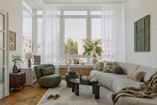 A bright living room with large windows, flooded with daylight. Natural materials and green accents create a relaxing space.