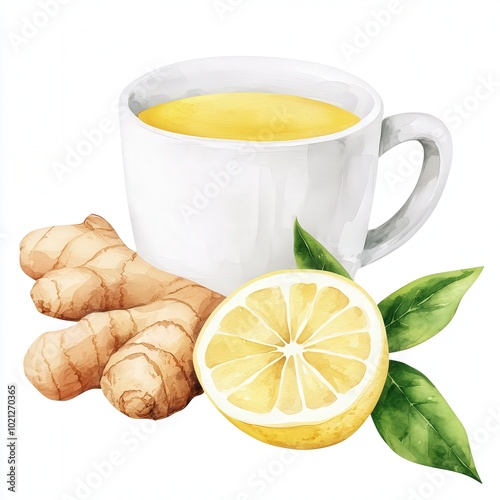 A cup of ginger tea accompanied by fresh ginger root, a lemon slice, and green leaves, showcasing a calming and healthy beverage. watercolor, clipart, isolated on white background