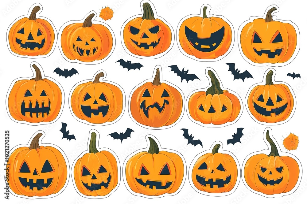 Set of orange pumpkins with different faces on a white background, vector illustration style, flat design Set of orange pumpkins with different faces on a white background, vector illustration style, flat design