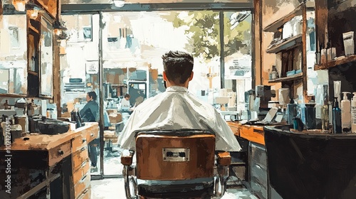 Man Awaiting Haircut in Traditional Barber Shop with Window View