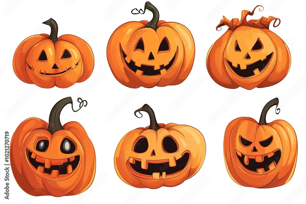 Set of orange pumpkins with different faces on a white background, vector illustration style, flat design Set of orange pumpkins with different faces on a white background, vector illustration style, flat design