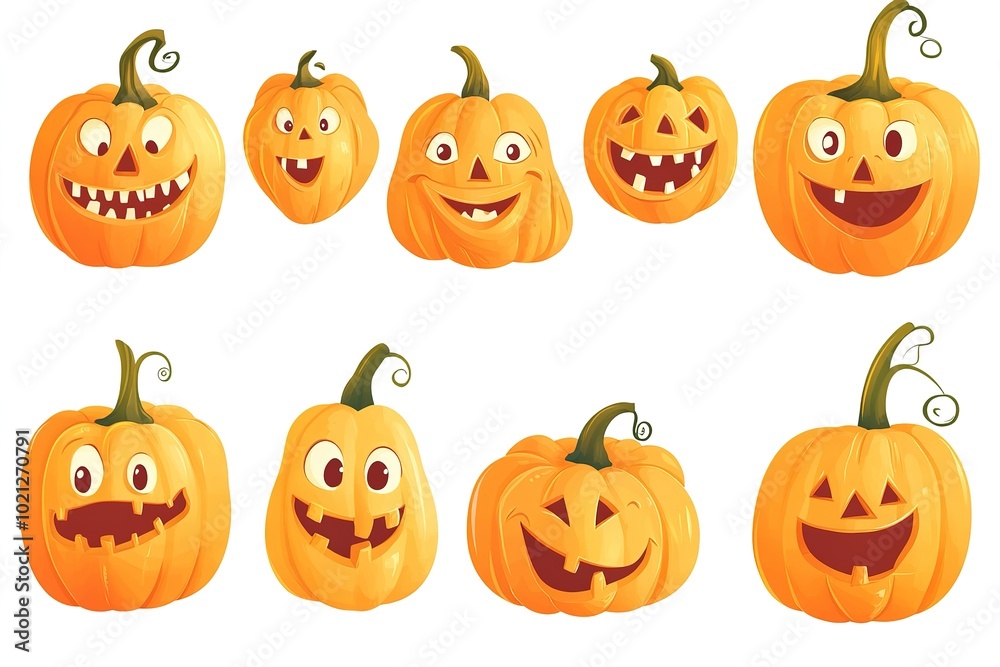 Set of orange pumpkins with different faces on a white background, vector illustration style, flat design Set of orange pumpkins with different faces on a white background, vector illustration style, flat design