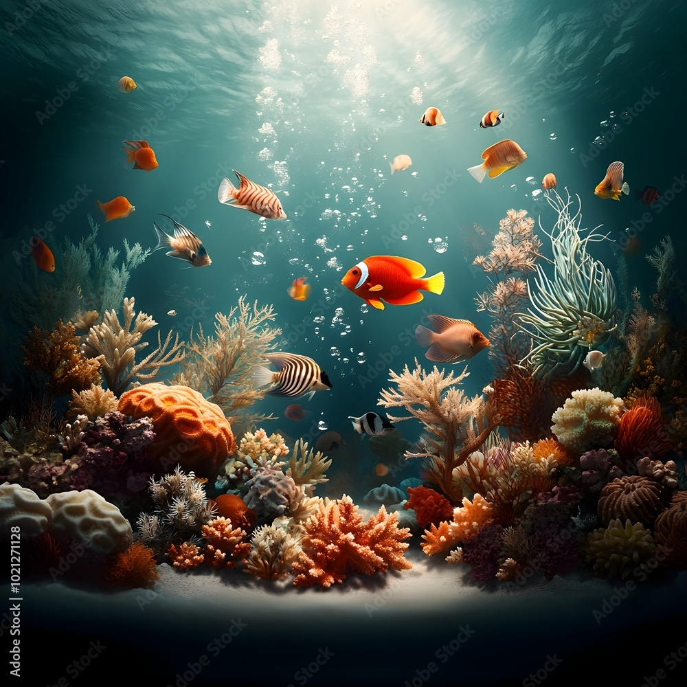 Captivating underwater coral garden featuring a vibrant display of angelfish parrotfish swaying sea whips and anemones with glowing bio luminescent plankton and immersive chiaroscuro lighting Captivating underwater coral garden featuring a vibrant display of angelfish parrotfish swaying sea whips and anemones with glowing bio luminescent plankton and immersive chiaroscuro lighting