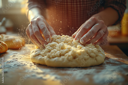 Caring female hands knead the dough for a delicious pie. photo