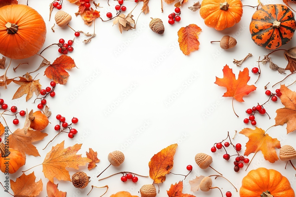 White background with elements of autumn and pumpkins, creating an empty space for text or design in the center of the frame. White background with elements of autumn and pumpkins, creating an empty space for text or design in the center of the frame.