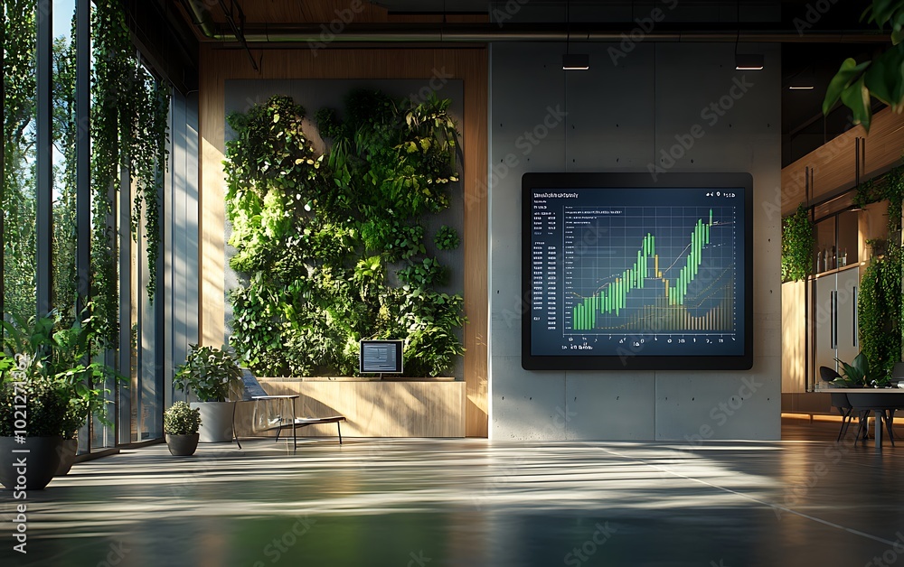 A modern office interior with greenery and a large screen displaying ...