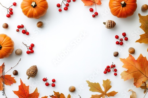 White background with elements of autumn and pumpkins, creating an empty space for text or design in the center of the frame.