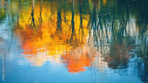 A serene reflection of autumn foliage on calm water, showcasing vibrant colors and tranquility.