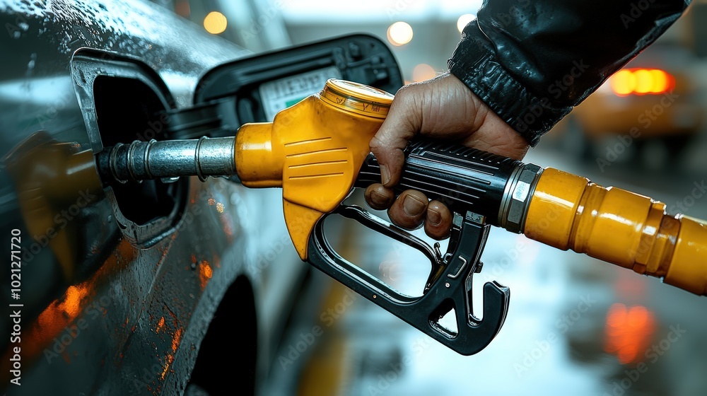 Close-up of a hand holding a gas pump while filling a car with fuel Close-up of a hand holding a gas pump while filling a car with fuel