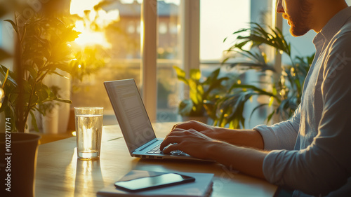 A man in casual attire types on a laptop in a modern home office, with a glass of water and phone on the table, bathed in warm sunlight, creating a relaxed and productive atmosphere.
