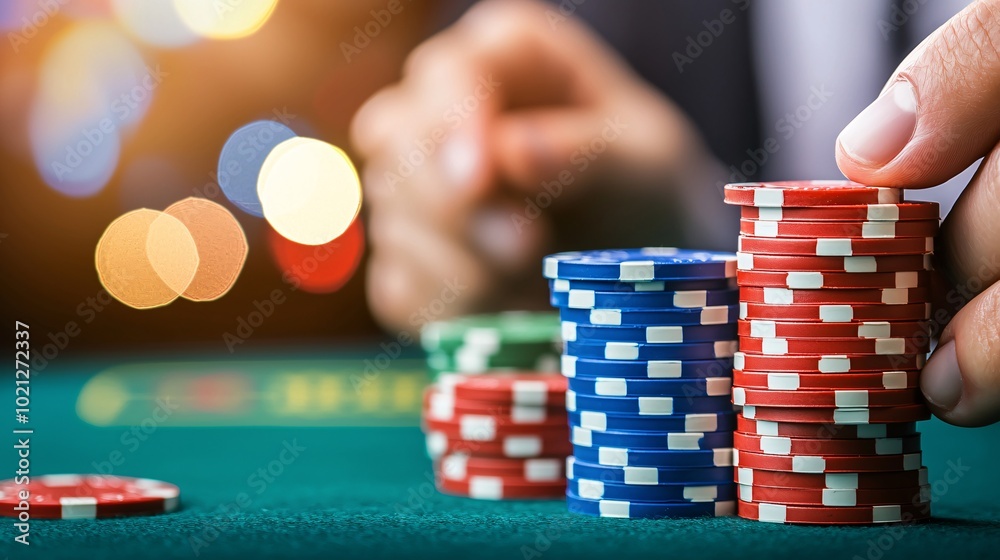 Naklejka premium Elegant Baccarat Player in Luxurious Casino - High-Stakes Gambling with Smooth Chips in a Sophisticated Atmosphere