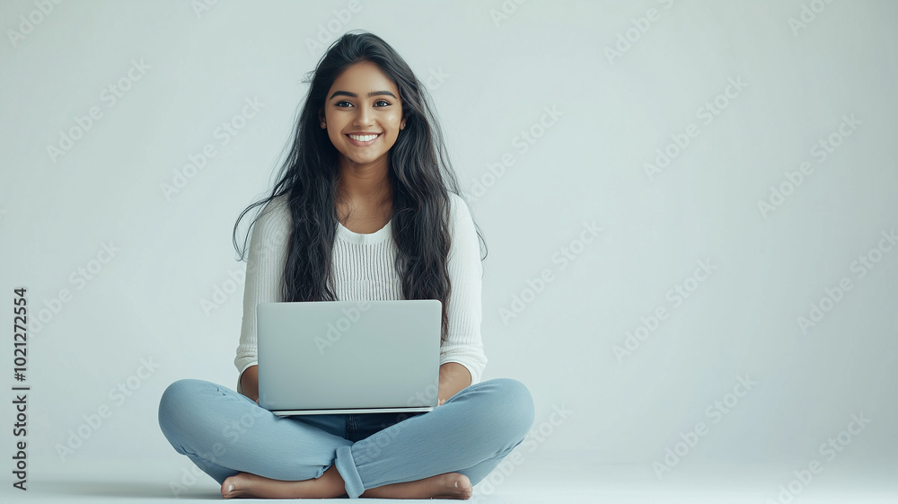 Smiling young woman sitting with laptop on white background
Smiling young woman sitting with laptop on white background
