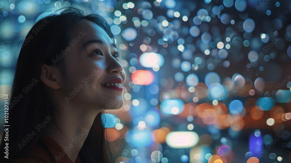 A woman smiles contently while gazing at city lights and colorful bokeh on a nighttime outing in an urban environment A woman smiles contently while gazing at city lights and colorful bokeh on a nighttime outing in an urban environment