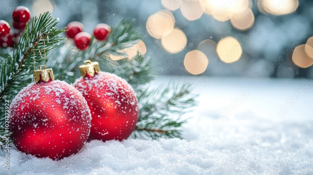 Red Christmas ornaments in snow with pine branches and bokeh lights Red Christmas ornaments in snow with pine branches and bokeh lights
