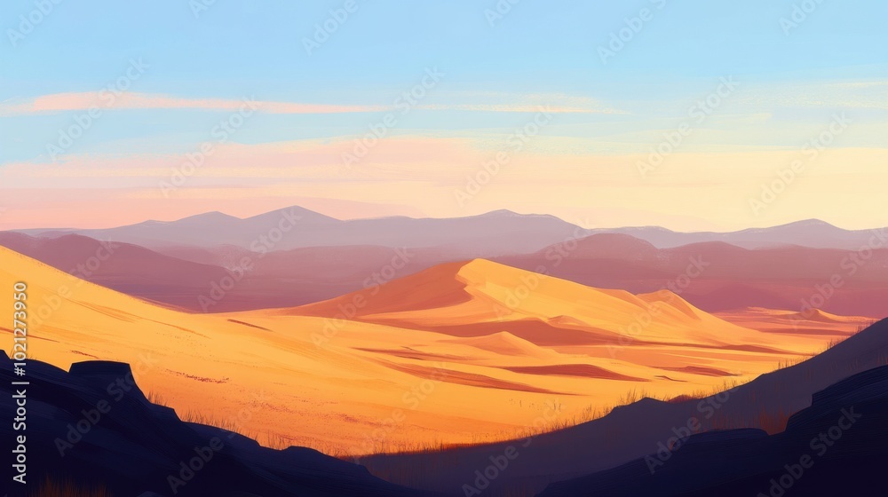 Naklejka premium A tranquil desert scene featuring rolling sand dunes stretching into the distance, with the warmth of the sun softening the horizon.