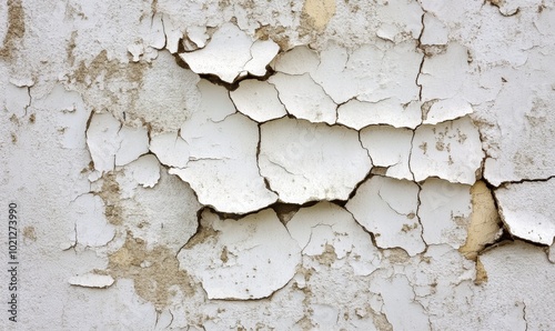 Close-up of weathered, cracked white paint on a wall, exhibiting signs of age and decay.