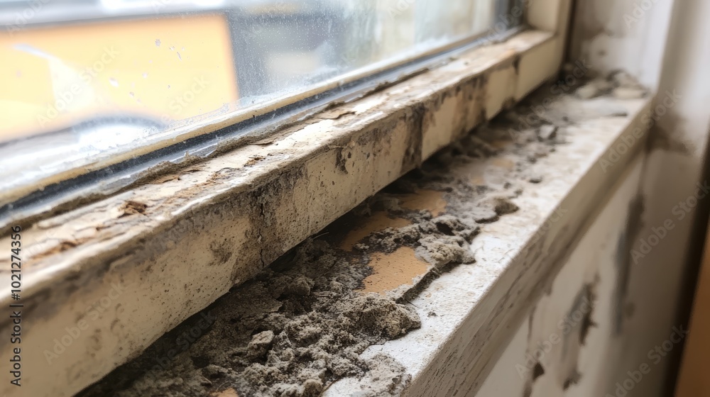 Obraz premium Close-up of a neglected window sill with dust and grime accumulation.