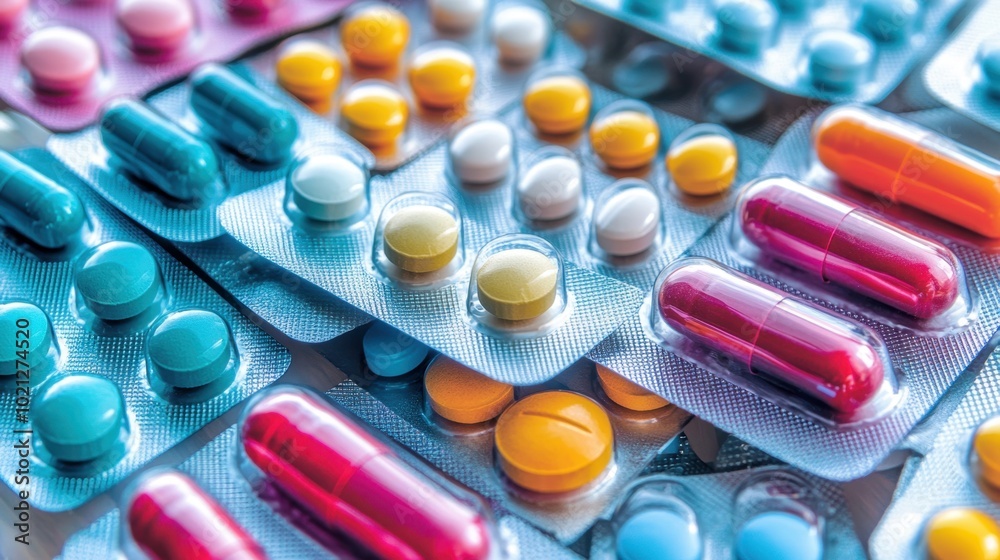 A vibrant assortment of pills and capsules in blister packs, emphasizing medical treatments and healthcare solutions. A vibrant assortment of pills and capsules in blister packs, emphasizing medical treatments and healthcare solutions.