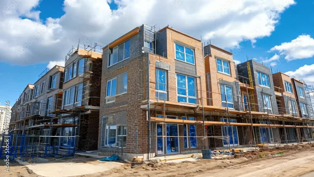 A building under construction with scaffolding and a lot of windows