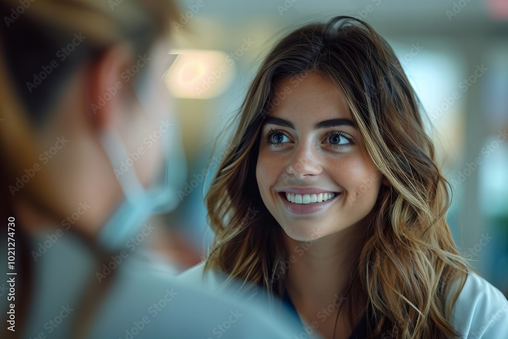 A female dermatologist joyfully at work in a hospital setting. A female dermatologist joyfully at work in a hospital setting.