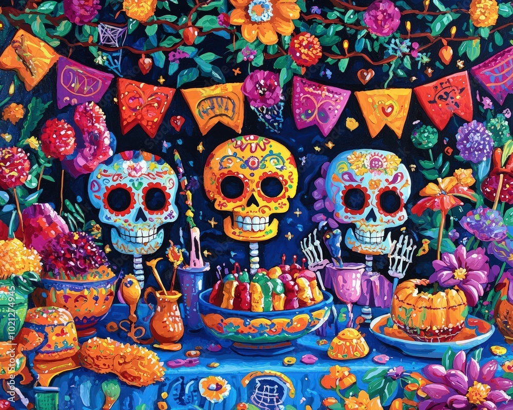 Fototapeta premium Whimsical Day the Dead art with playful, colorful sugar skulls and festive elements in a lively, celebratory setting