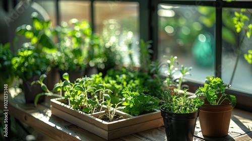 Indoor Herb Garden with Fresh Green Plants in Pots by a Sunlit Window