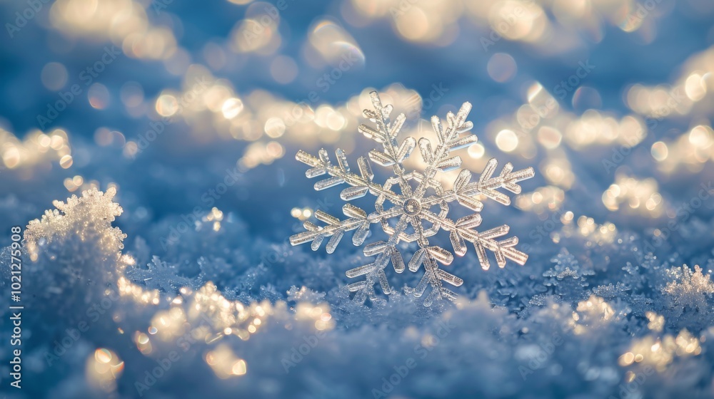 Sparkling Snowflake on a Snowy Background Sparkling Snowflake on a Snowy Background
