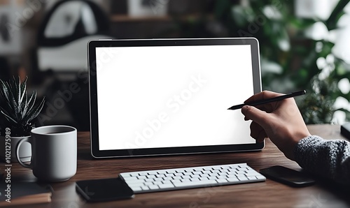 A person uses a stylus on a blank tablet screen, sitting at a wooden desk with a keyboard and a coffee cup, surrounded by greenery.