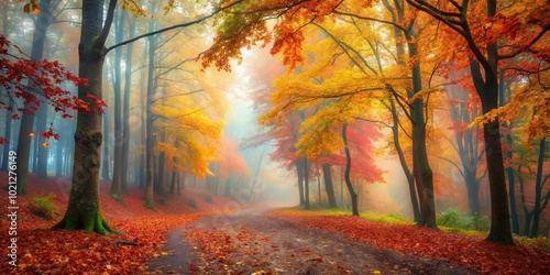 A winding path through an autumn forest, with a golden mist shrouding the trees and leaves scattered on the ground. photo