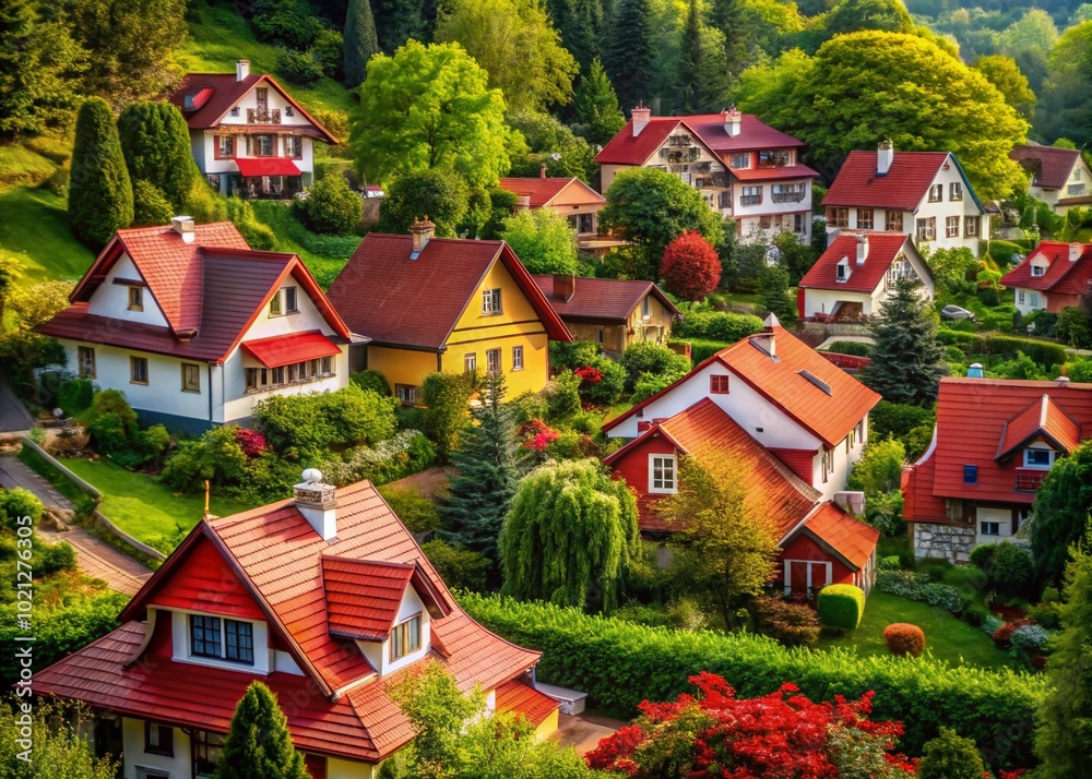 Charming Houses with Red Roofs Nestled Among Lush Greenery in a Scenic Residential Neighborhood Charming Houses with Red Roofs Nestled Among Lush Greenery in a Scenic Residential Neighborhood