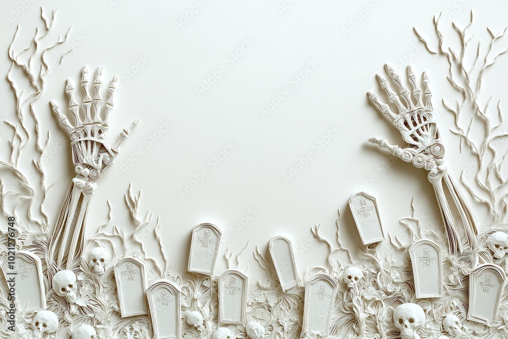 Quilled Skeleton Hands and Paper-Cut Tombstones Halloween Border Design with Blank Center for Text Quilled Skeleton Hands and Paper-Cut Tombstones Halloween Border Design with Blank Center for Text