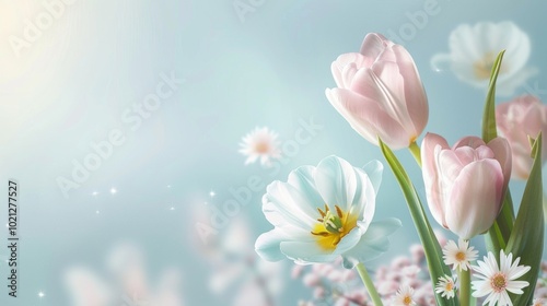 Delicate Pink and White Tulips on a Soft Blue Background