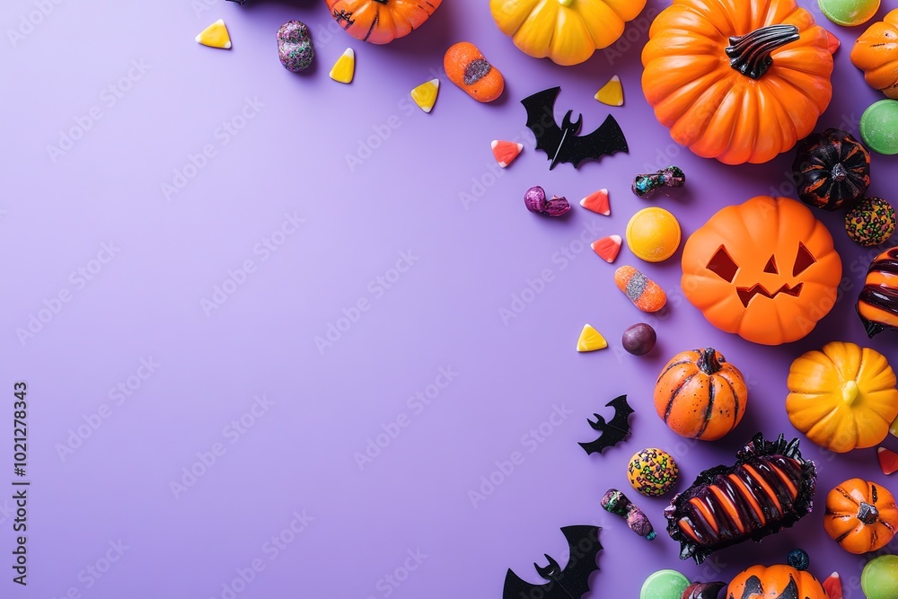 Halloween background with spooky pumpkins, candy, and bats on a purple background with copy space. Flat lay view of Halloween candy for Halloween party decoration design Halloween background with spooky pumpkins, candy, and bats on a purple background with copy space. Flat lay view of Halloween candy for Halloween party decoration design