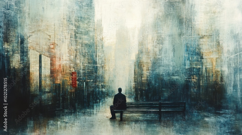 Blurry cityscape with a lone man sitting on a bench, conveying themes of isolation, introspection, and contemplation in an urban setting.