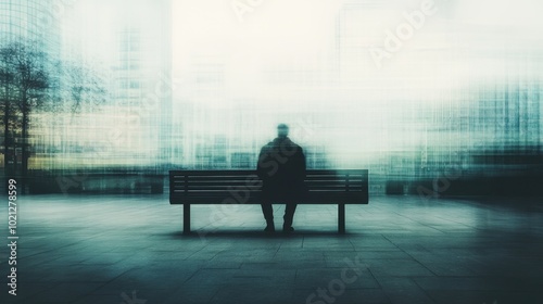 Blurry cityscape with a lone man sitting on a bench, conveying themes of isolation, introspection, and contemplation in an urban setting.