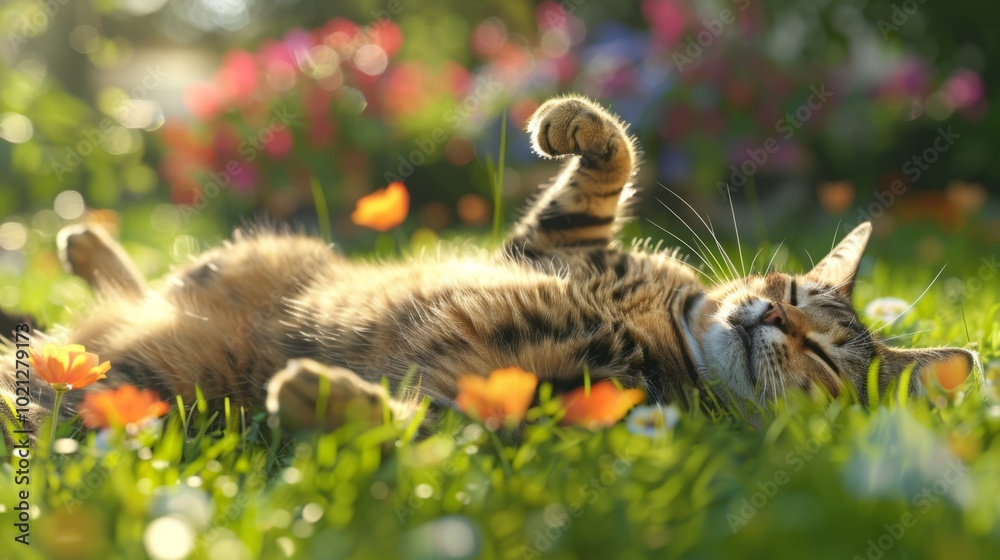 Cute Cat Relaxing in a Garden of Flowers Cute Cat Relaxing in a Garden of Flowers