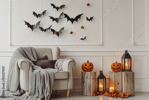Cozy room with white walls decorated for Halloween, featuring an armchair and lanterns on wooden side tables. A gray blanket draped over the chair adds warmth to the space.
