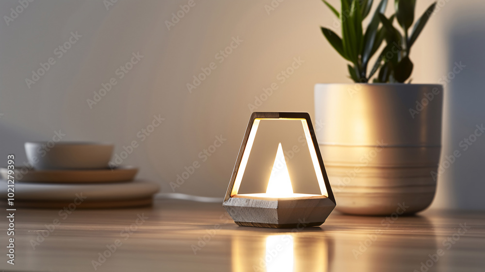 Minimalist geometric table lamp emits a warm light, adding a touch of modern elegance to the room’s decor. A potted plant in the background complements the clean design.